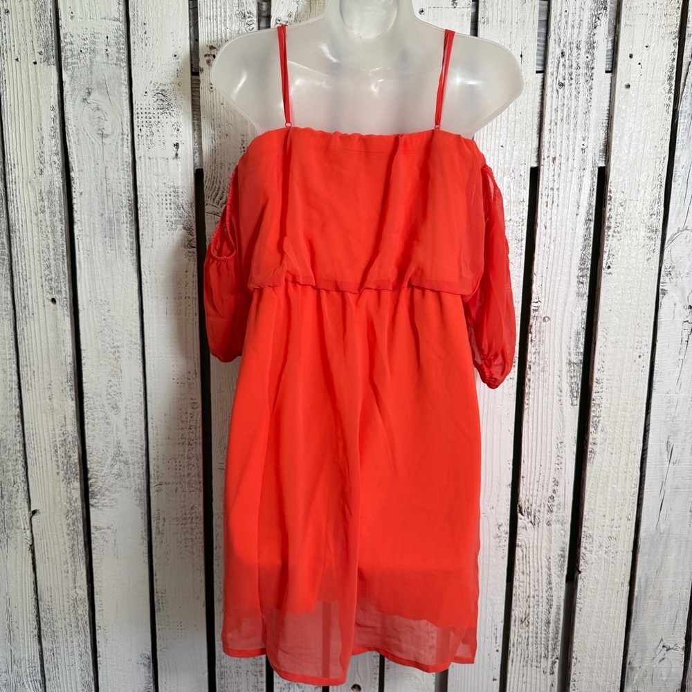 City Of Triangles Off Shoulder Dress Size Medium Short Elastic Waist Orange Boho - Picture 14 of 15